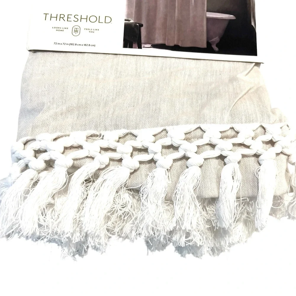 Threshold Ivory Natural Cotton Shower Curtain 72 X 72 Crochet Tassel Boho Fringe